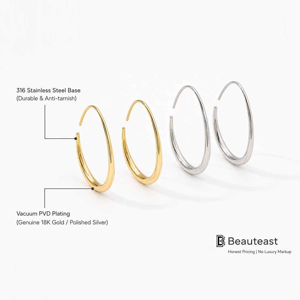 Waterproof Chunky Teardrop Hoop Earrings - 18K Gold Plated 316L Stainless Steel Open Hoops - Ultra Lightweight Daily Jewelry by Beauteast