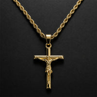 Classic Jesus Crucifix Cross Pendant Necklace - 18K Gold Plated 304 Stainless Steel Rope Chain - Waterproof Religious Jewelry by Beauteast