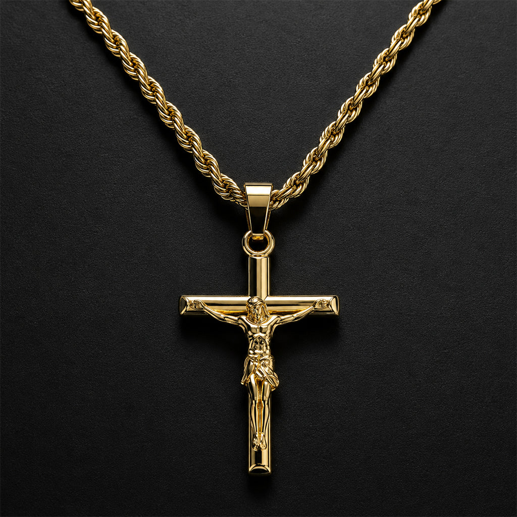 Classic Jesus Crucifix Cross Pendant Necklace - 18K Gold Plated 304 Stainless Steel Rope Chain - Waterproof Religious Jewelry by Beauteast
