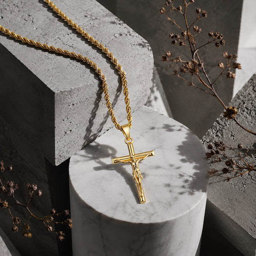 Classic Jesus Crucifix Cross Pendant Necklace - 18K Gold Plated 304 Stainless Steel Rope Chain - Waterproof Religious Jewelry by Beauteast