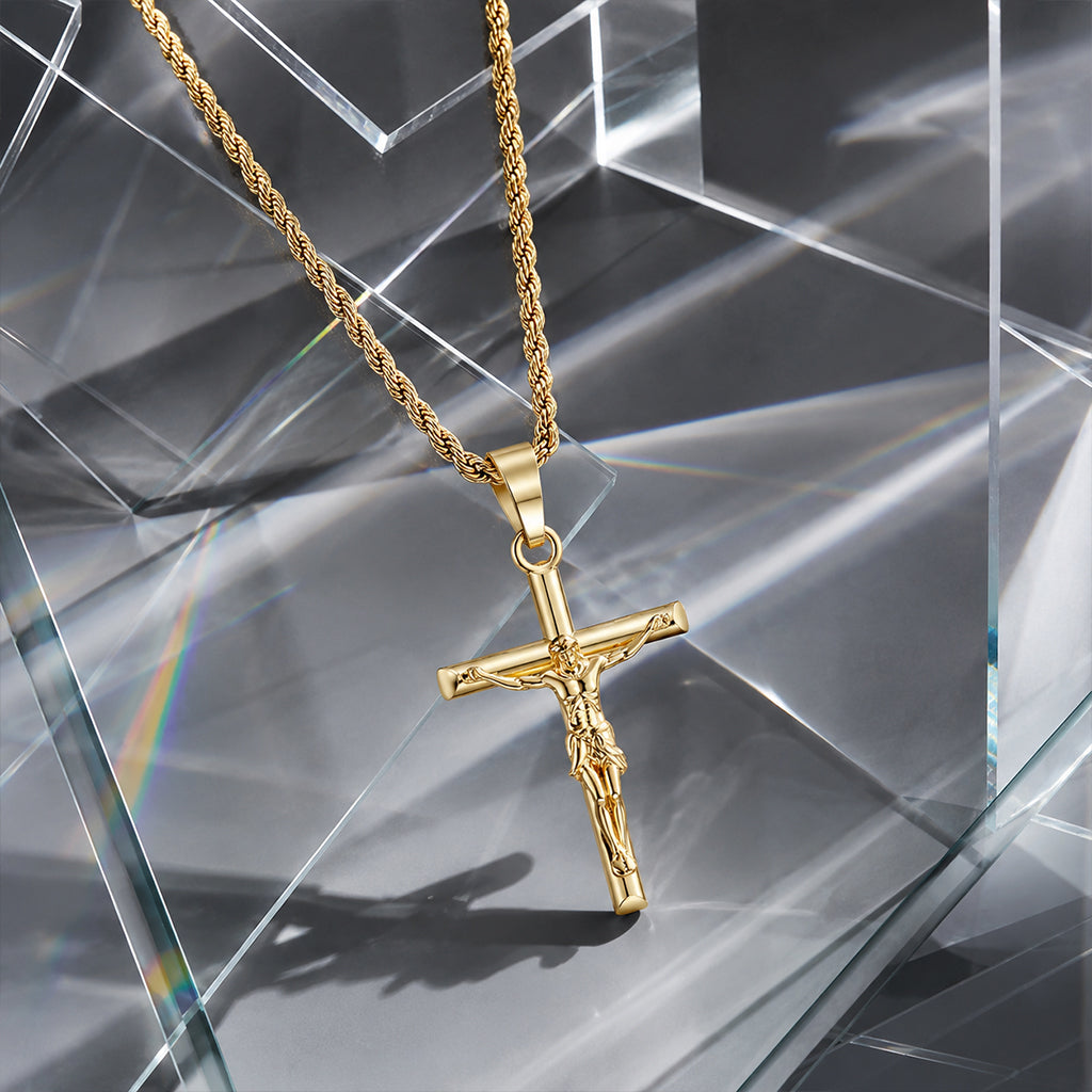 Classic Jesus Crucifix Cross Pendant Necklace - 18K Gold Plated 304 Stainless Steel Rope Chain - Waterproof Religious Jewelry by Beauteast