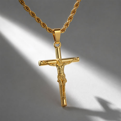 Classic Jesus Crucifix Cross Pendant Necklace - 18K Gold Plated 304 Stainless Steel Rope Chain - Waterproof Religious Jewelry by Beauteast