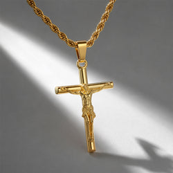 Classic Jesus Crucifix Cross Pendant Necklace - 18K Gold Plated 304 Stainless Steel Rope Chain - Waterproof Religious Jewelry by Beauteast