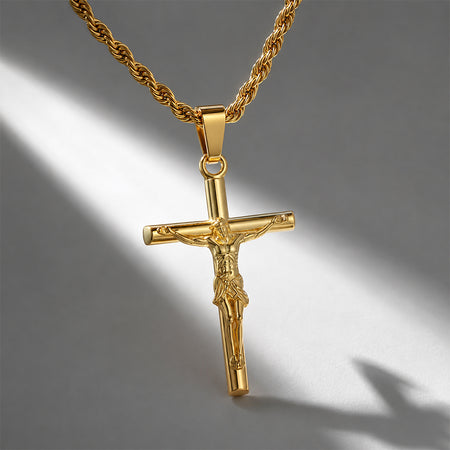 Classic Jesus Crucifix Cross Pendant Necklace - 18K Gold Plated 304 Stainless Steel Rope Chain - Waterproof Religious Jewelry by Beauteast