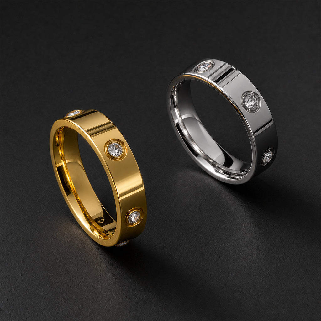 Classic Screw Motif Band Ring - 18K Gold Plated 316L Stainless Steel with Cubic Zirconia - 3-Year Tarnish-Free Waterproof Ring by Beauteast