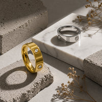 Classic Screw Motif Band Ring - 18K Gold Plated 316L Stainless Steel with Cubic Zirconia - 3-Year Tarnish-Free Waterproof Ring by Beauteast