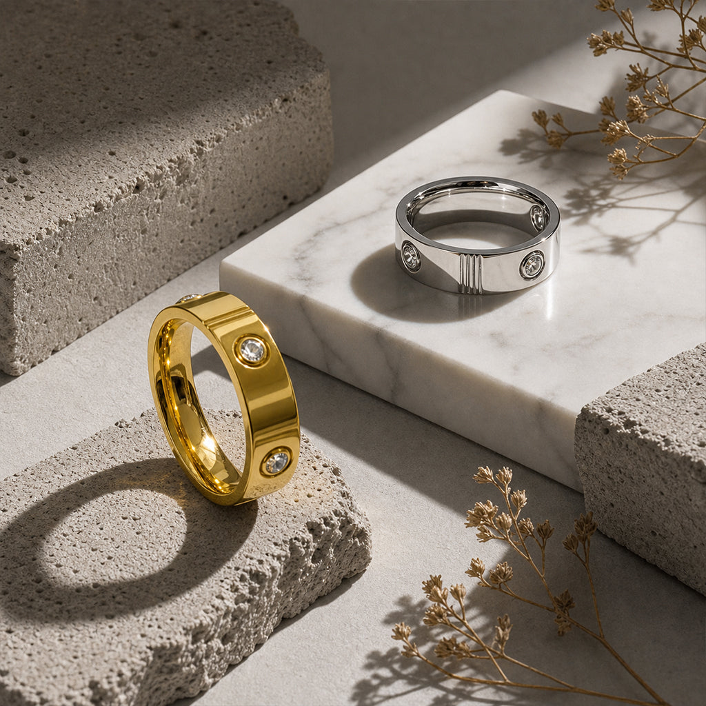 Classic Screw Motif Band Ring - 18K Gold Plated 316L Stainless Steel with Cubic Zirconia - 3-Year Tarnish-Free Waterproof Ring by Beauteast