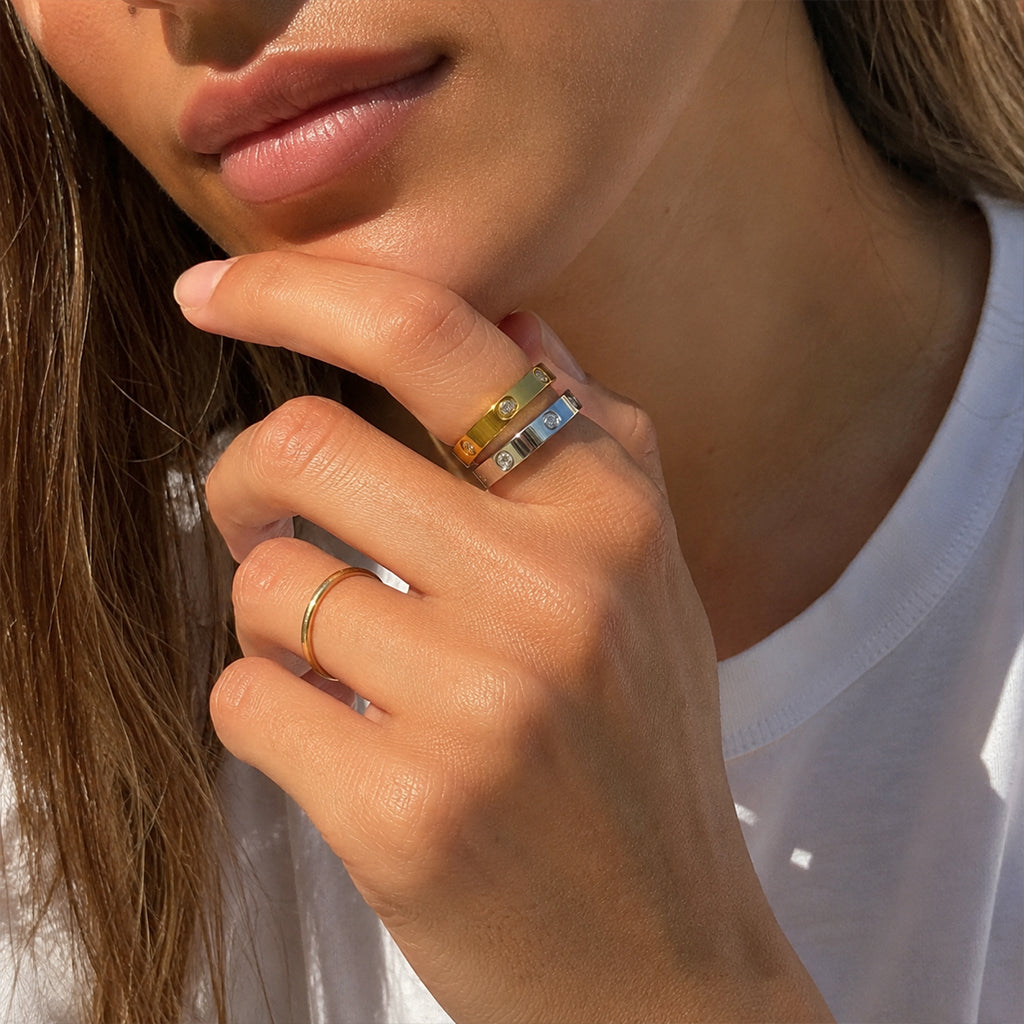 Classic Screw Motif Band Ring - 18K Gold Plated 316L Stainless Steel with Cubic Zirconia - 3-Year Tarnish-Free Waterproof Ring by Beauteast