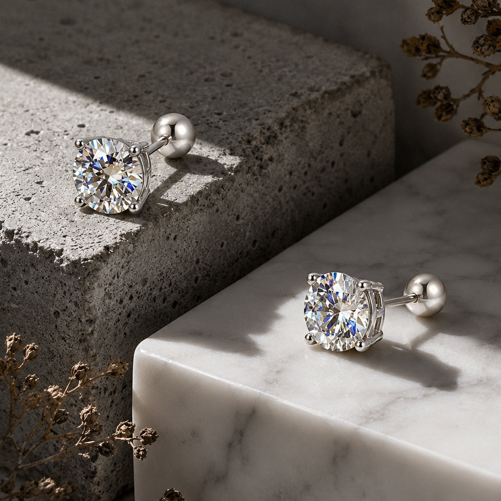 Classic 4-Prong Moissanite Stud Earrings - D Color VVS1 Round Brilliant Cut Diamond Alternative - 925 Sterling Silver Screw Back Studs by Beauteast