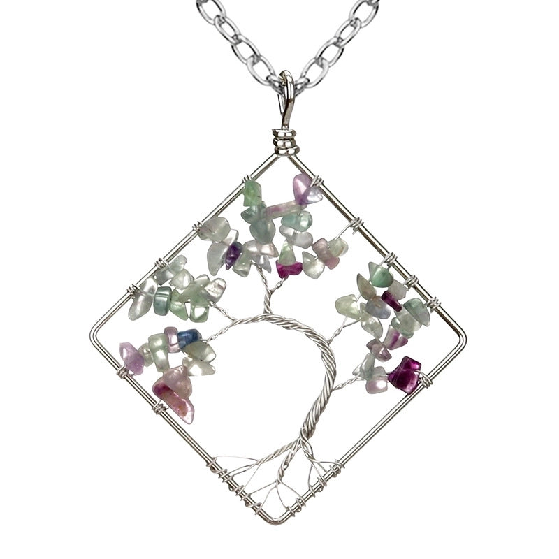 Fashion Square Tree Natural Stone Crystal Metal Beaded Hollow Out Pendant Necklace 1 Piece