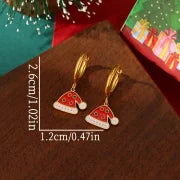 A Pair Of Christmas 18K Real Gold Stainless Steel Colorful Oil Necklace Christmas Tree Elk Earrings Ear Clip Women's Christmas Gift
