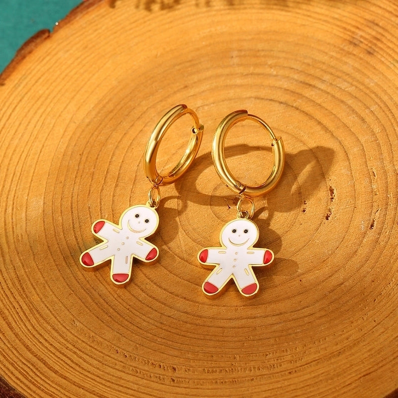 A Pair Of Christmas 18K Real Gold Stainless Steel Colorful Oil Necklace Christmas Tree Elk Earrings Ear Clip Women's Christmas Gift