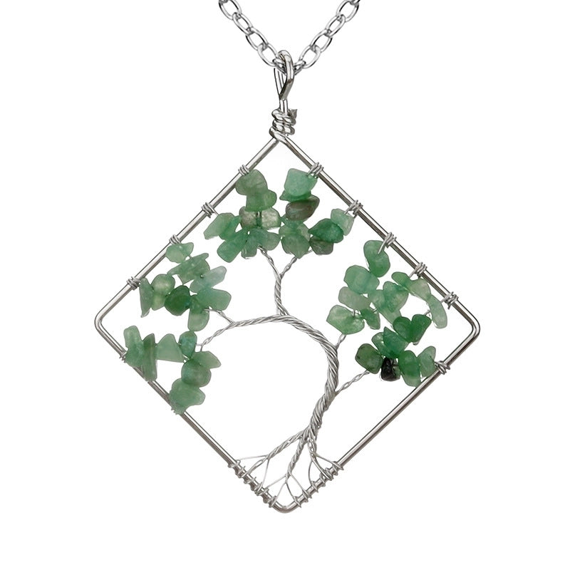 Fashion Square Tree Natural Stone Crystal Metal Beaded Hollow Out Pendant Necklace 1 Piece