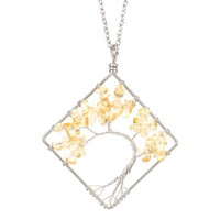 Fashion Square Tree Natural Stone Crystal Metal Beaded Hollow Out Pendant Necklace 1 Piece