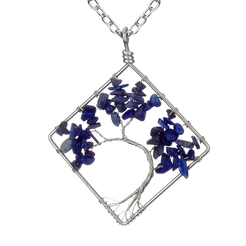 Fashion Square Tree Natural Stone Crystal Metal Beaded Hollow Out Pendant Necklace 1 Piece