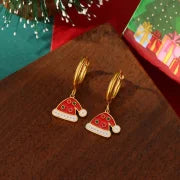 A Pair Of Christmas 18K Real Gold Stainless Steel Colorful Oil Necklace Christmas Tree Elk Earrings Ear Clip Women's Christmas Gift