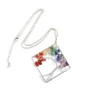 Fashion Square Tree Natural Stone Crystal Metal Beaded Hollow Out Pendant Necklace 1 Piece