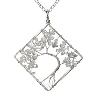 Fashion Square Tree Natural Stone Crystal Metal Beaded Hollow Out Pendant Necklace 1 Piece