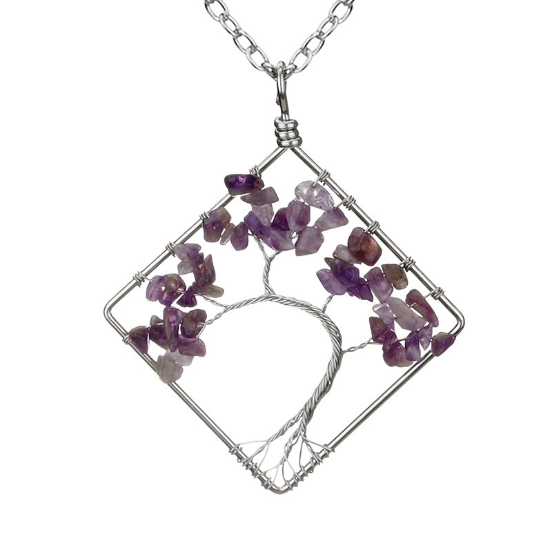 Fashion Square Tree Natural Stone Crystal Metal Beaded Hollow Out Pendant Necklace 1 Piece