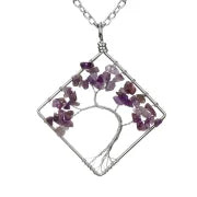 Fashion Square Tree Natural Stone Crystal Metal Beaded Hollow Out Pendant Necklace 1 Piece