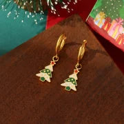 A Pair Of Christmas 18K Real Gold Stainless Steel Colorful Oil Necklace Christmas Tree Elk Earrings Ear Clip Women's Christmas Gift