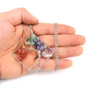 Fashion Square Tree Natural Stone Crystal Metal Beaded Hollow Out Pendant Necklace 1 Piece