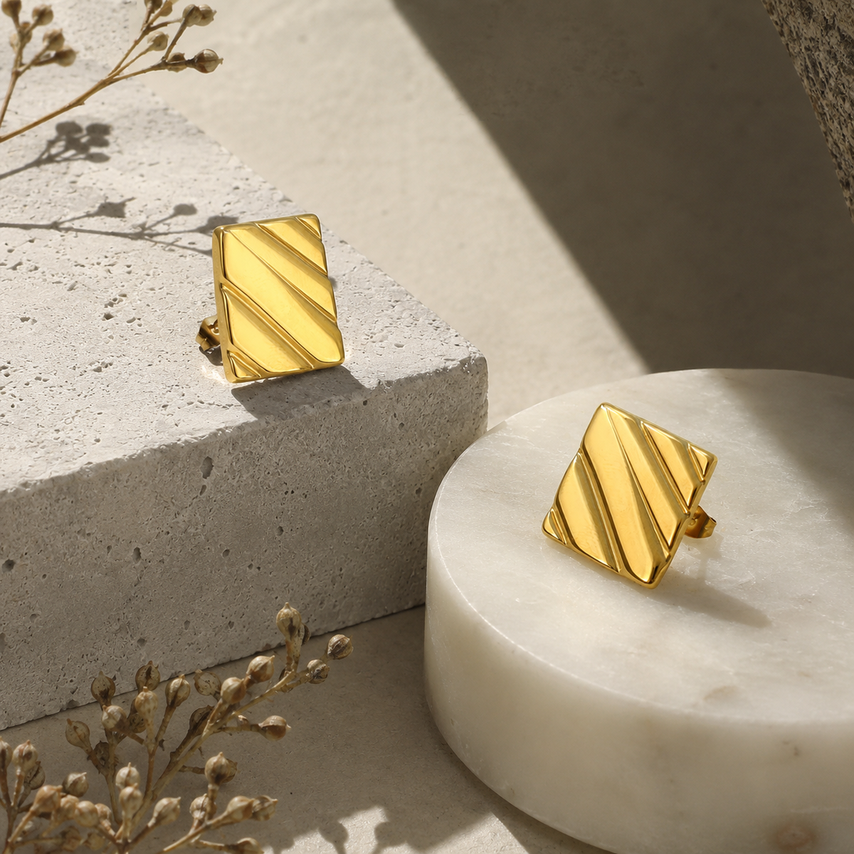 Minimalist Ribbed Square Stud Earrings - 18K Gold Plated 316L Stainless Steel Waterproof Statement Studs by Beauteast